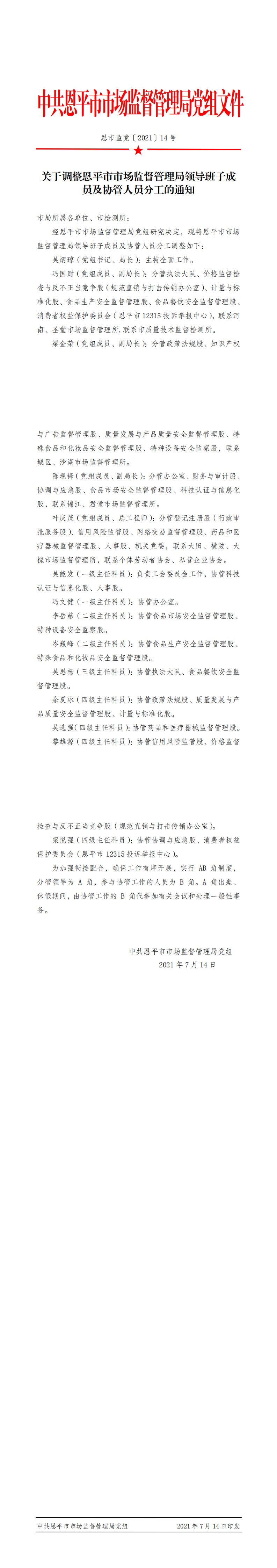 恩市监党〔2021〕14号+关于调整快猫
市场监督管理局领导班子成员及协管人员分工的通知_0.png