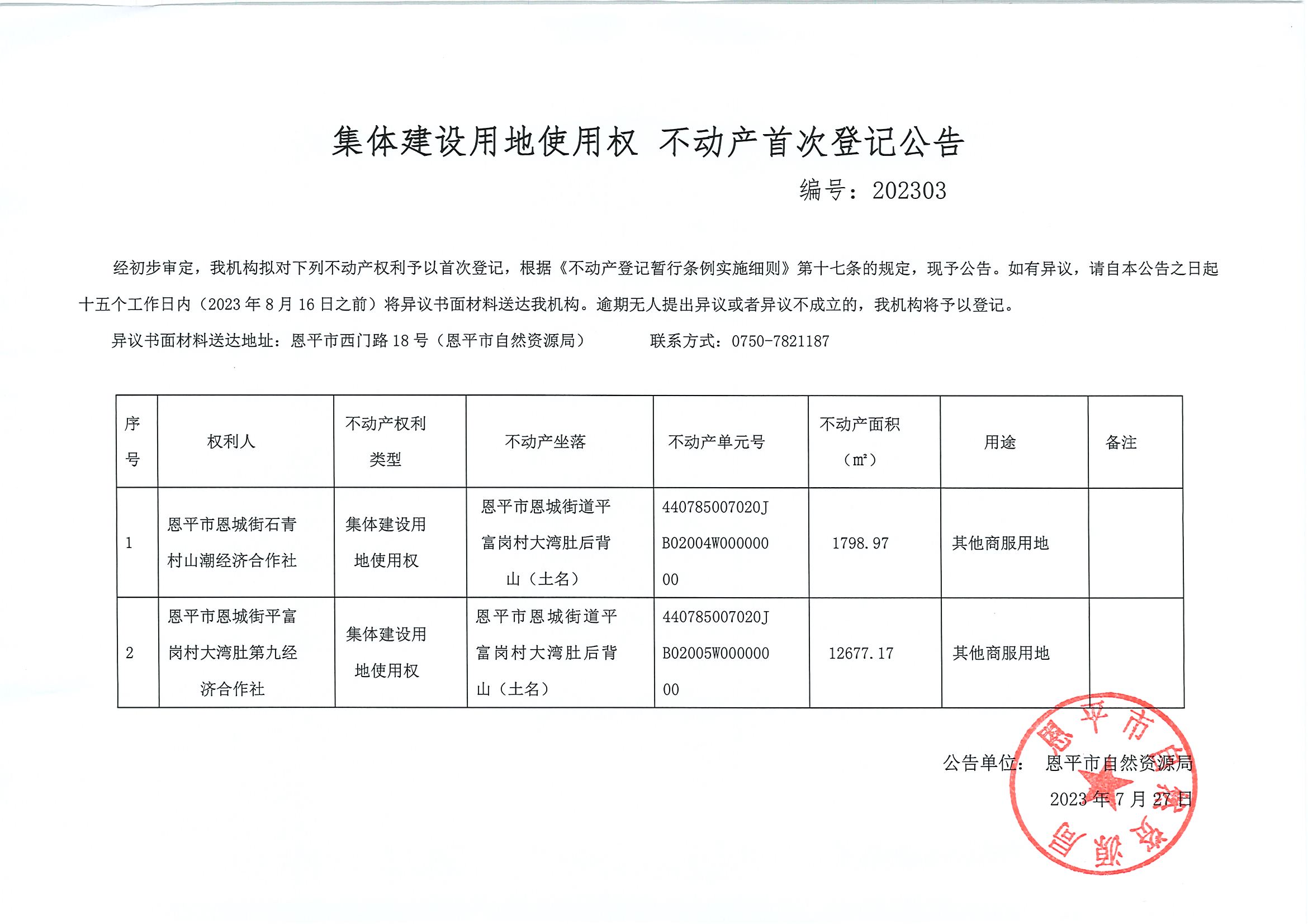 不动产首次登记公告 编号2023003-快猫
恩城镇石青村山潮经济合作社、平富岗村大湾肚第九经济合作社.jpg