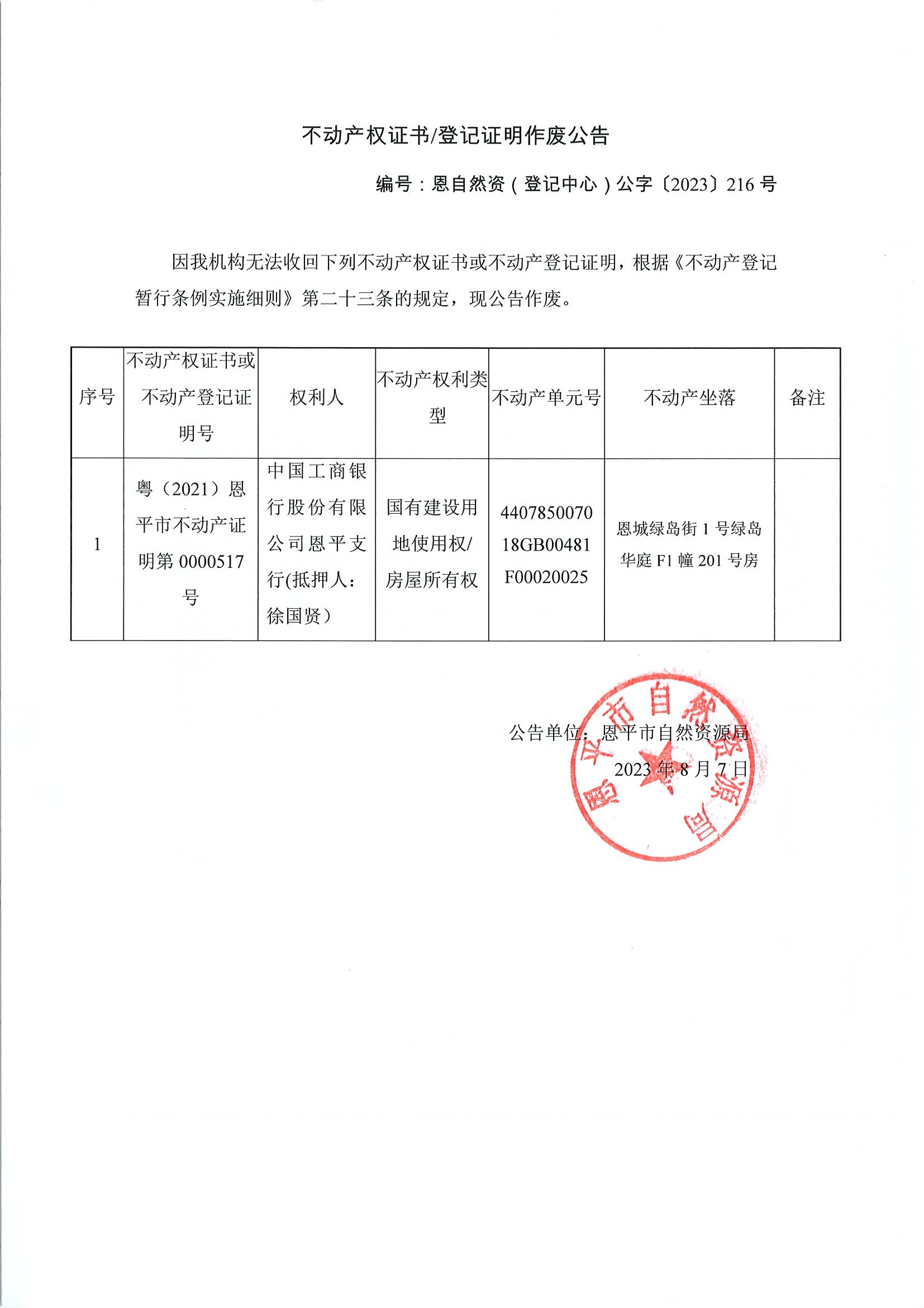 不动产权证书登记证明作废公告-恩自然资（登记中心）公字〔2023〕216号-中国工商银行股份有限公司恩平支行（抵押人：徐国贤）.jpg