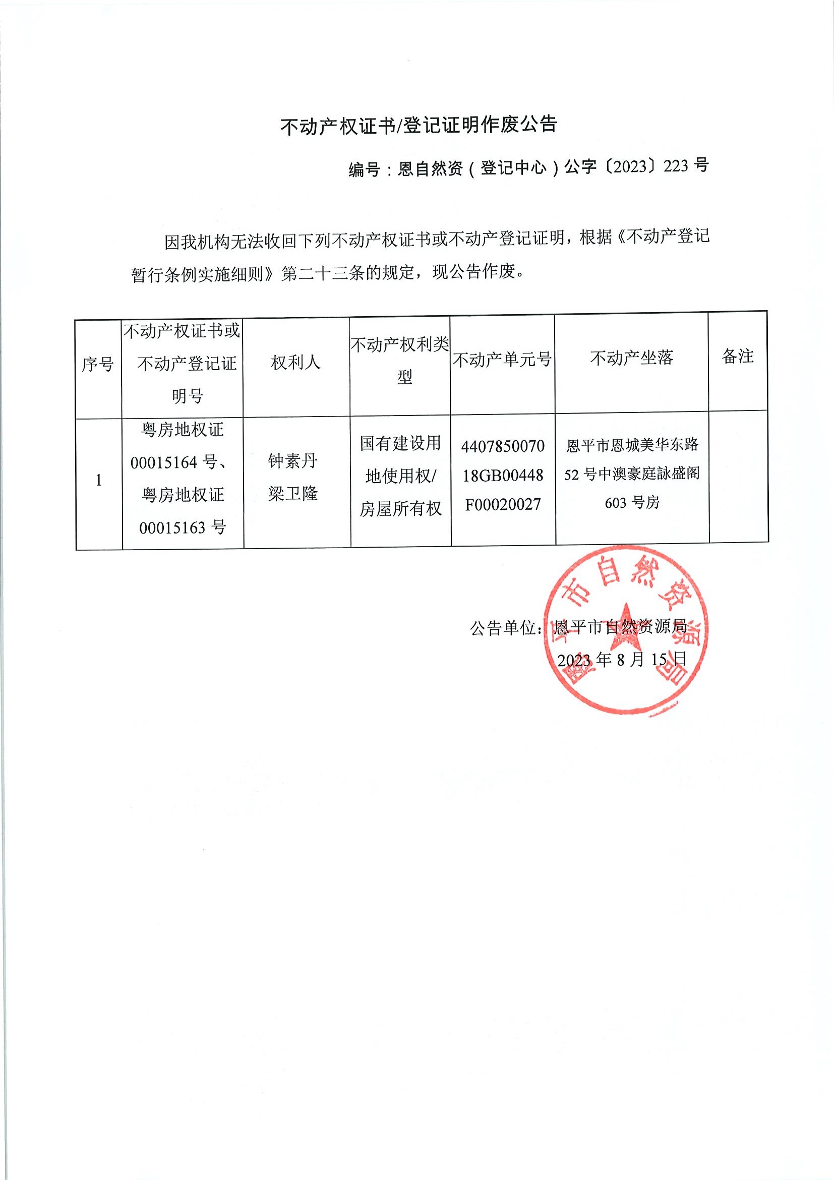 不动产权证书登记证明作废公告-恩自然资（登记中心）公字〔2023〕223号-钟素丹、梁卫隆.jpg