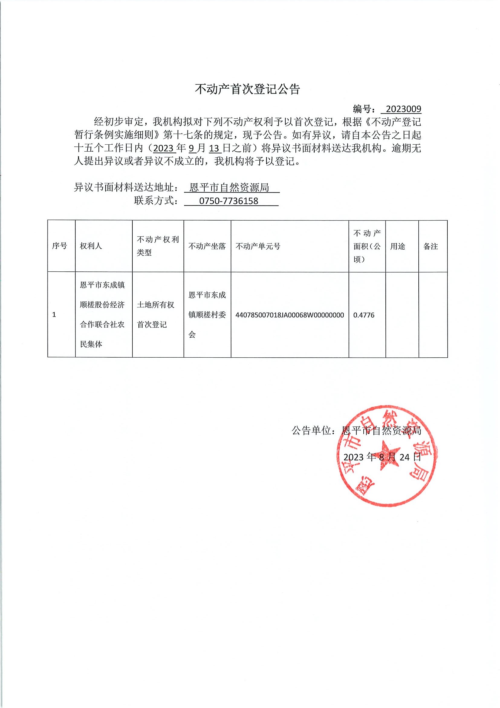 不动产首次登记公告 编号2023009 快猫
东成镇顺槎股份经济合作社联合社农民集体.jpg