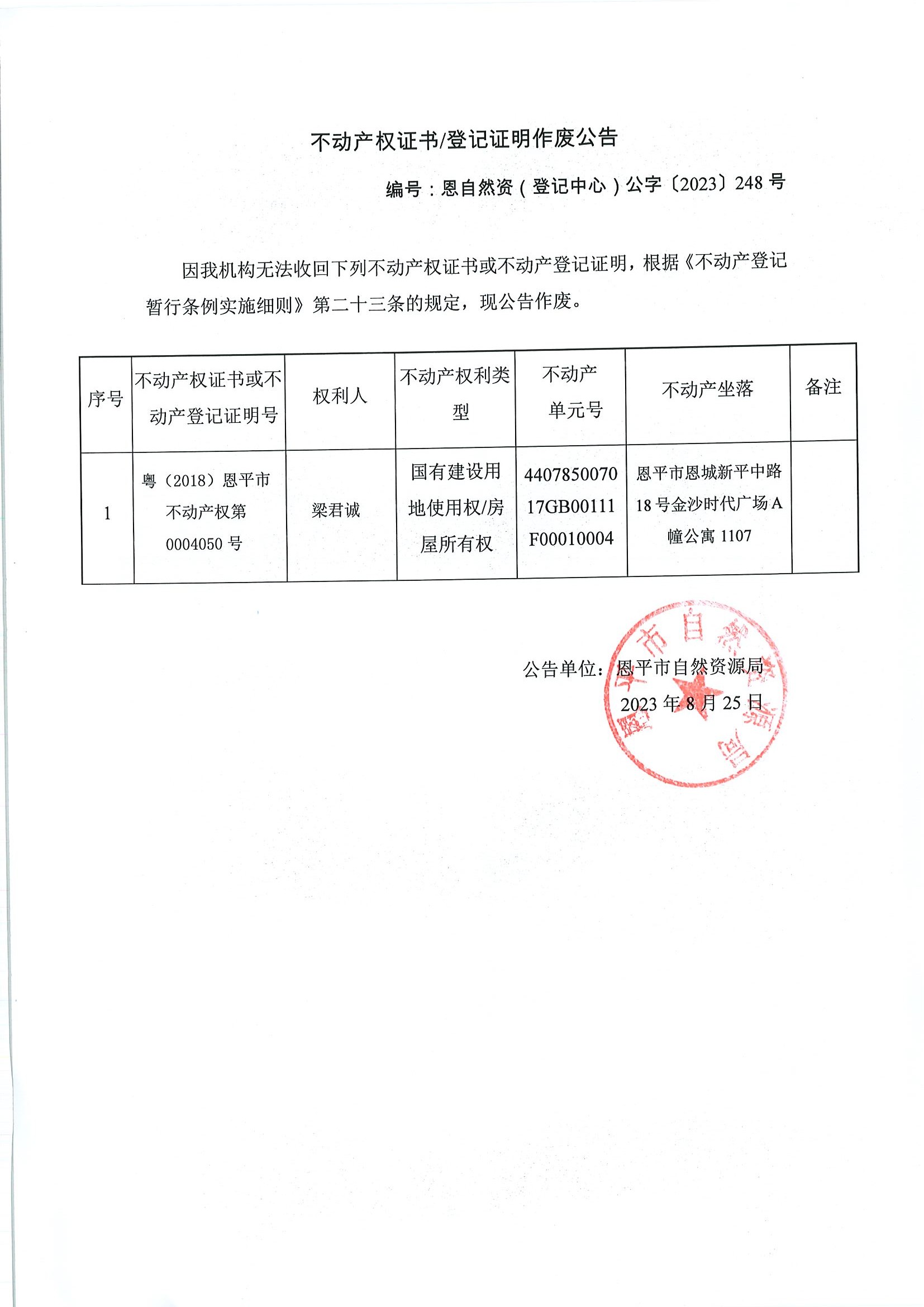 不动产权证书登记证明作废公告-恩自然资（登记中心）公字〔2023〕248号-梁君诚.jpg