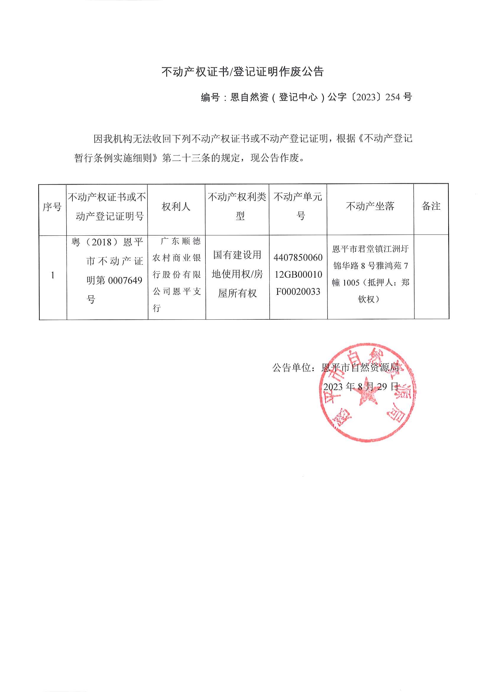 不动产权证书登记证明作废公告-恩自然资（登记中心）公字〔2023〕254号-广东顺德农村商业银行股份有限公司恩平支行.jpg