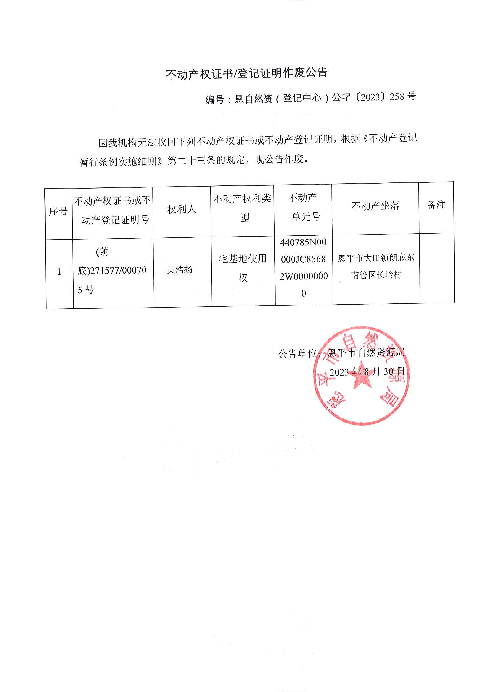 不动产权证书登记证明作废公告-恩自然资（登记中心）公字〔2023〕258号-吴浩扬.jpg