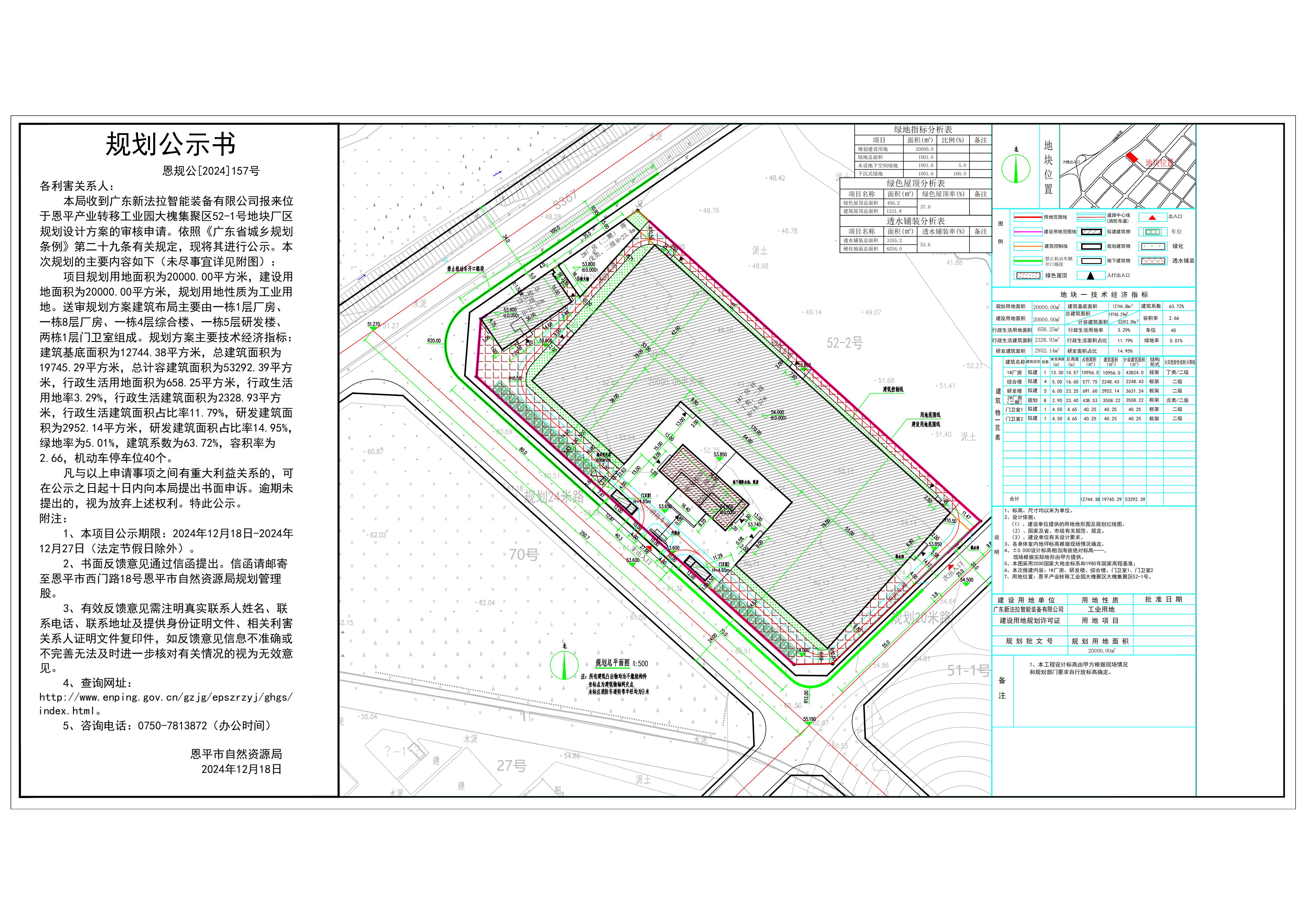 恩规公[2024]157号 规划公示书 关于恩平产业转移工业园大槐集聚区52-1号（广东新法拉智能装备有限公司）的公示.jpg
