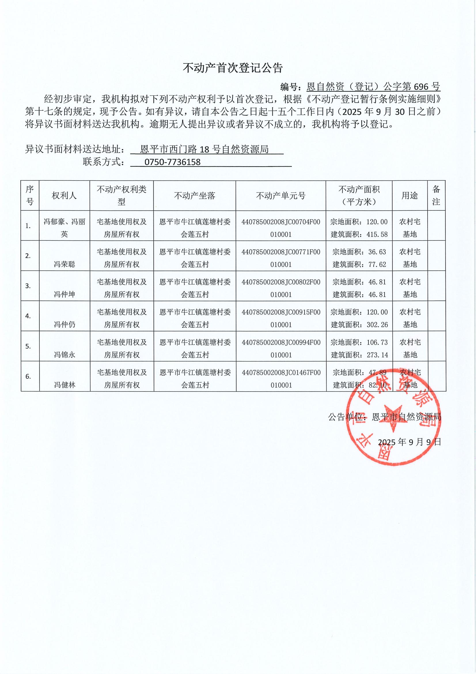 不动产首次登记公告（牛江镇莲塘村委会）-恩自然资（登记）公字第696号.jpg