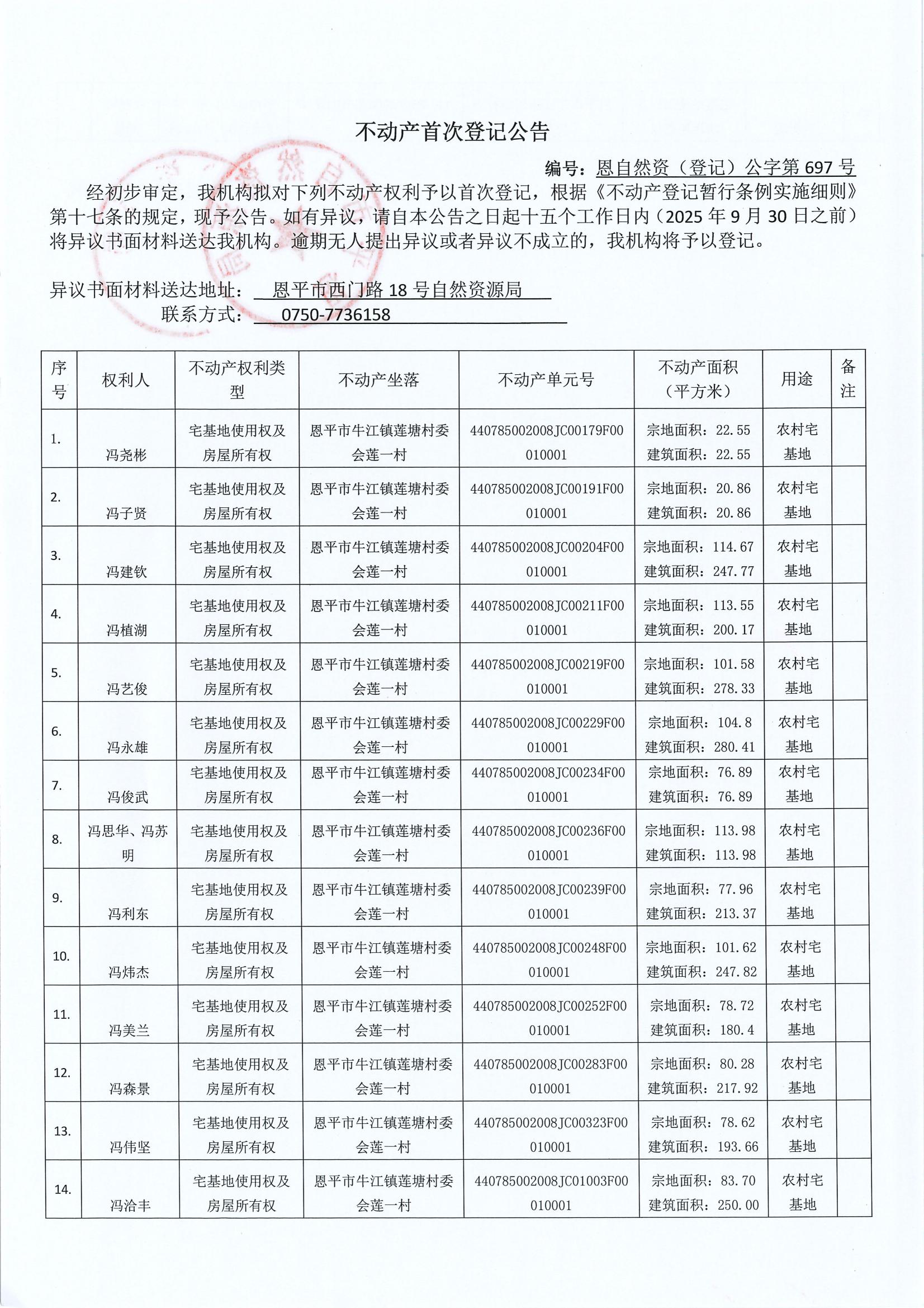 不动产首次登记公告（牛江镇莲塘村委会）-恩自然资（登记）公字第697号.jpg